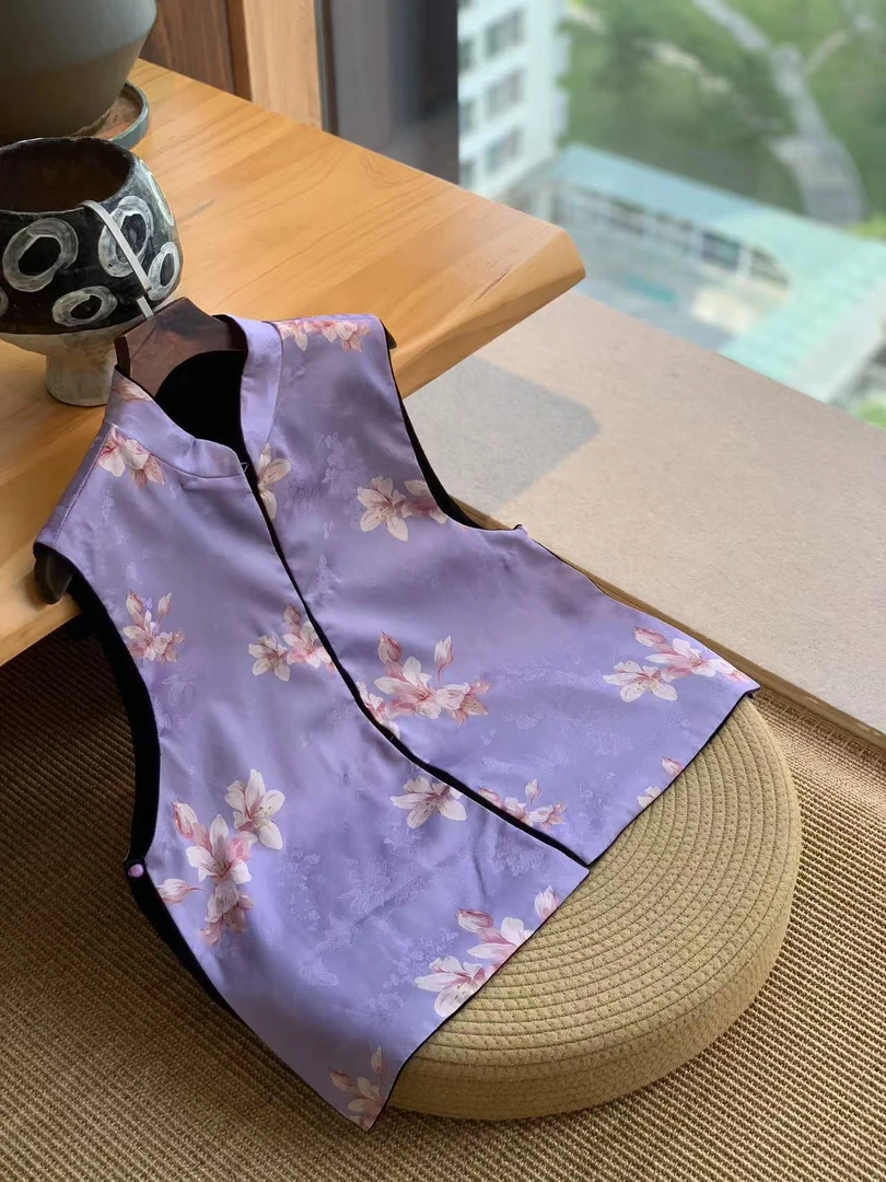 聆夏质造【紫藤花开】民族风现代中式2024年新款复古丝绒中式马甲女