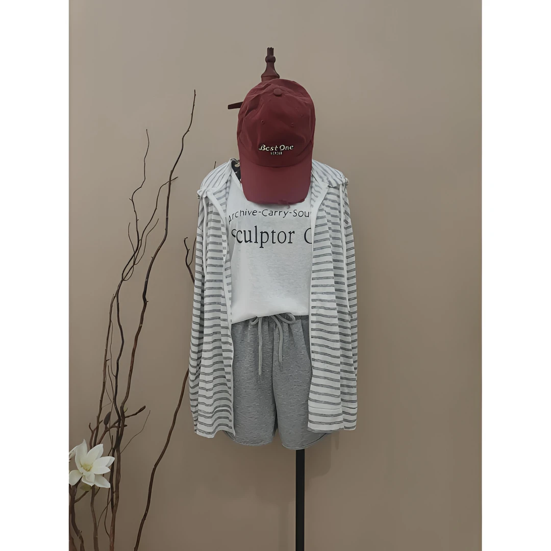 米雪严选一韩系慵懒风条纹连帽开衫防晒衣女秋宽松背心短裤三件套