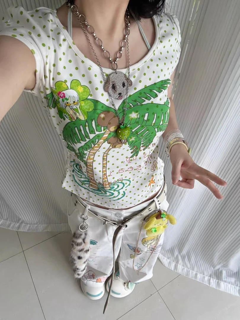 【绿树椰椰】夏日亚文化y2k波点修身短T恤设计款甜辣妹古早味