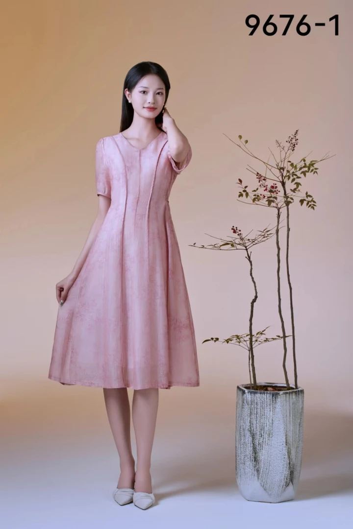 连衣裙夏季高法式高腰提花常规女装紫色中式裙子