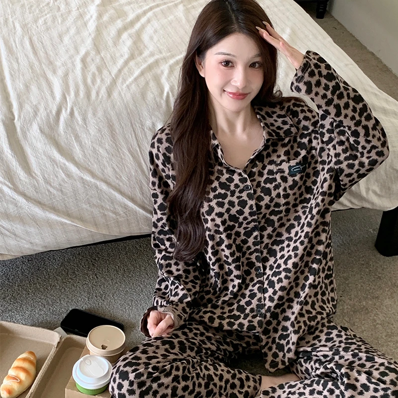 秋季新款云朵棉女士睡衣长袖长裤开衫豹纹时尚家居服套装可外穿