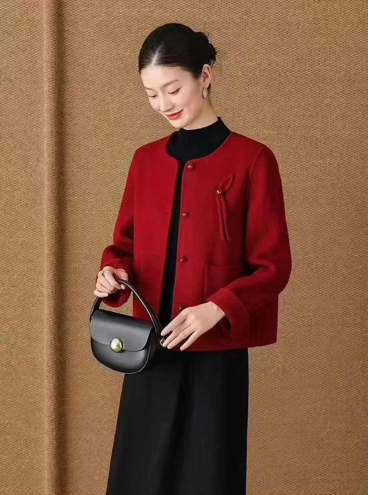 国风轻奢大衣保暖圆领厚款气质毛呢外套常规双面呢女装秋冬短款