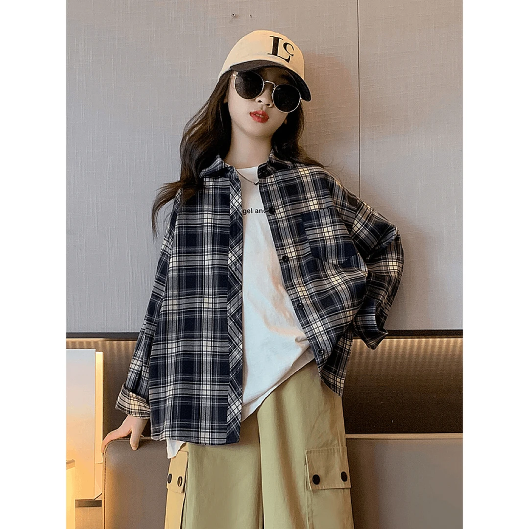 春秋女童宽松外套2025新款儿童衣服洋气长袖格子衬衫百搭韩系穿搭