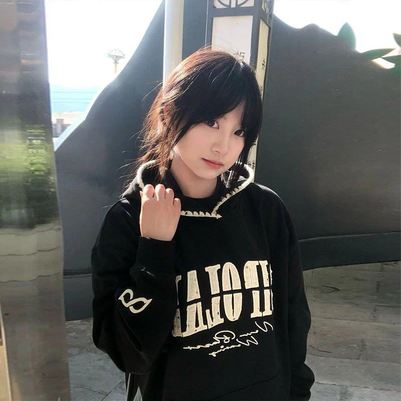 小众不撞款黑色连帽卫衣女加绒加厚秋冬字母刺绣百搭宽松外套上衣