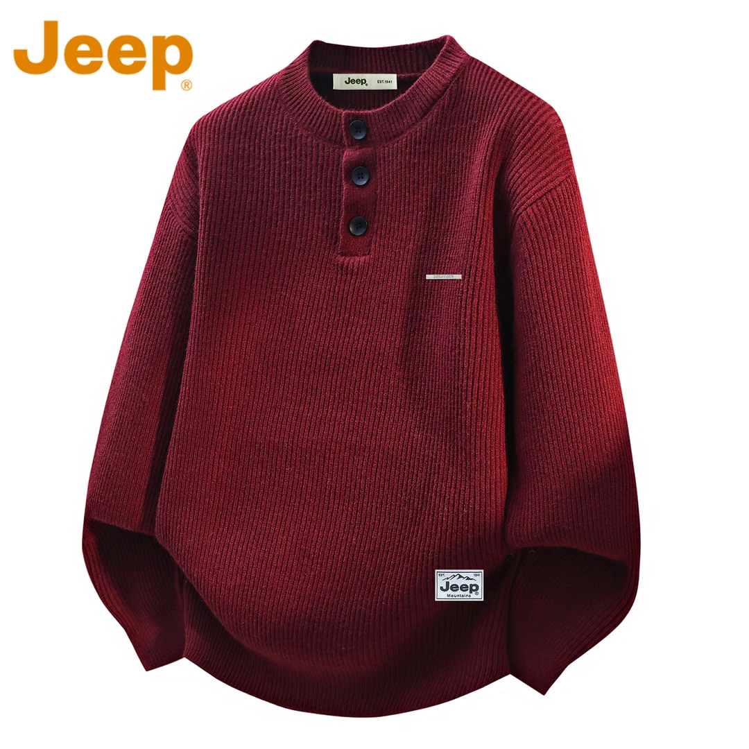 JEEP吉普安可拉红色毛衣男款冬季宽松休闲本命年亨利领针织衫上衣