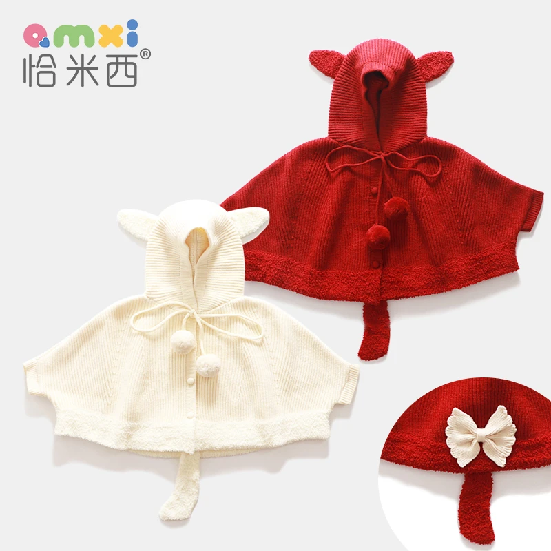 2025春秋装女童连帽针织开衫宝宝洋气毛衣斗篷蝙蝠衫新年红色外套