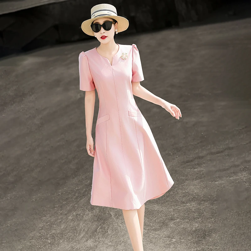 MEXCOCO/兰瑟儿20225夏季优雅通勤修身短袖V领连衣裙105XL2567