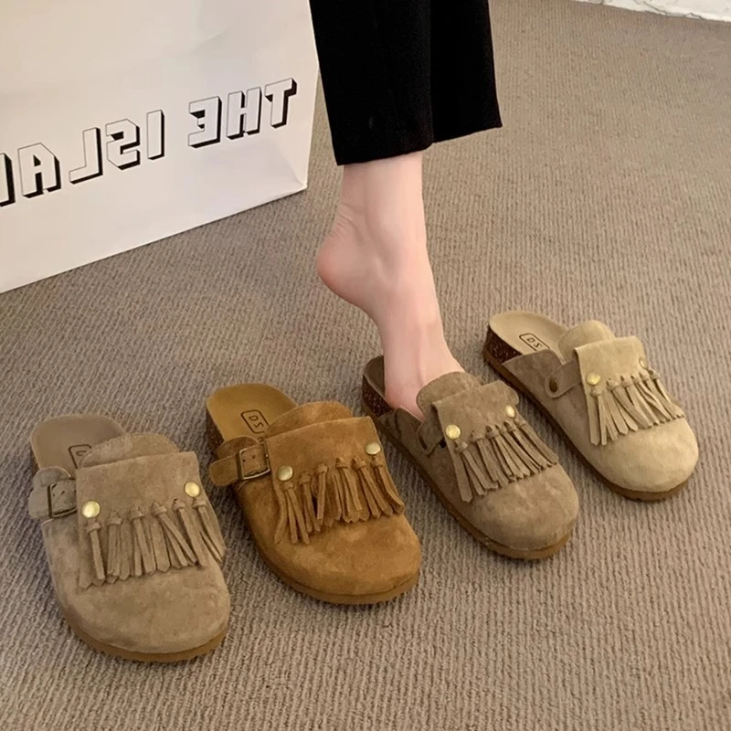 【万象撤柜】复古流苏勃肯鞋包头半拖鞋女夏外穿2025新款一脚蹬凉鞋