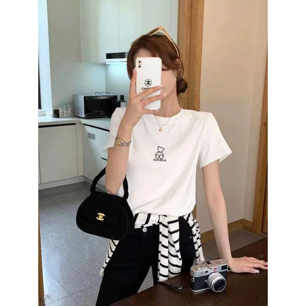 简约正肩纯棉短袖t恤女2025新款时尚百搭薄款上衣内搭打底衫夏季