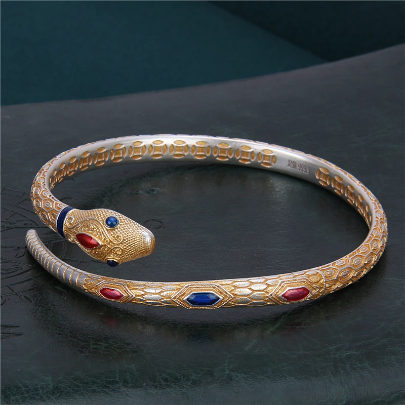 足银银制品 999足银中国风描金灵蛇手镯设计感气质手环本命年礼物