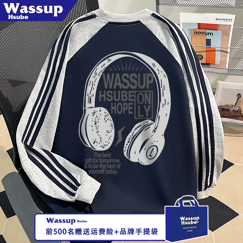 WASSUP HSUBE耳机英文印花T恤ins秋季男女款上衣100%棉三条杠长袖