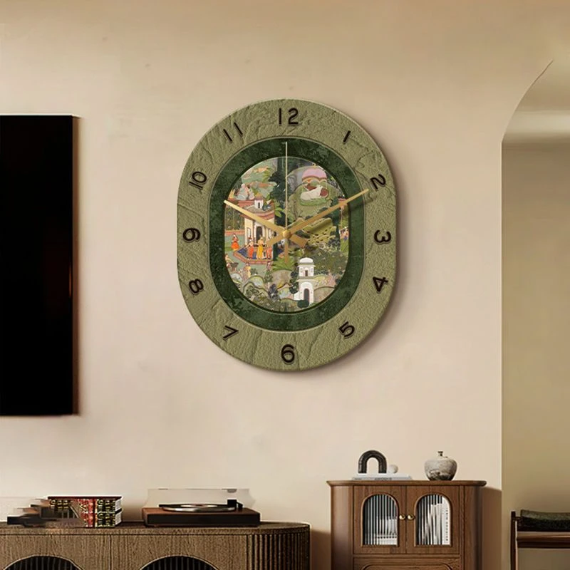 法式复古客厅挂钟高级感中古风餐厅装饰画绿色时钟创意钟表q44