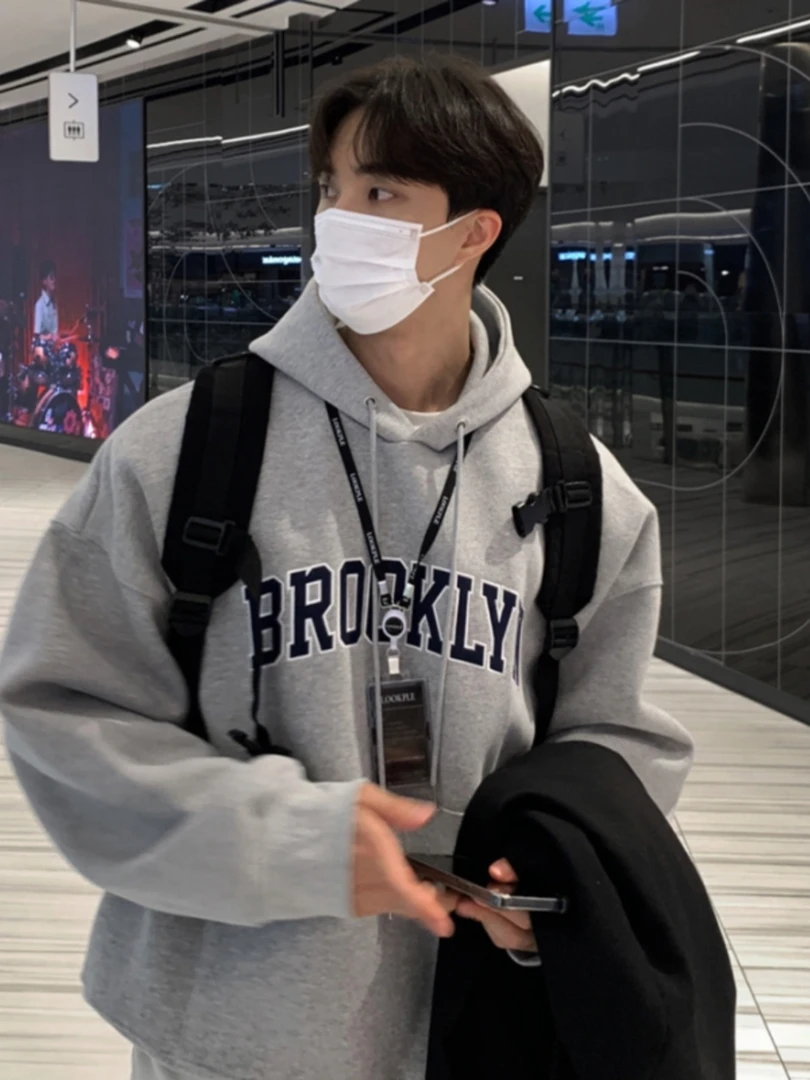 美式重磅百搭连帽卫衣男春秋新款字母印花休闲潮牌帽衫加绒外套