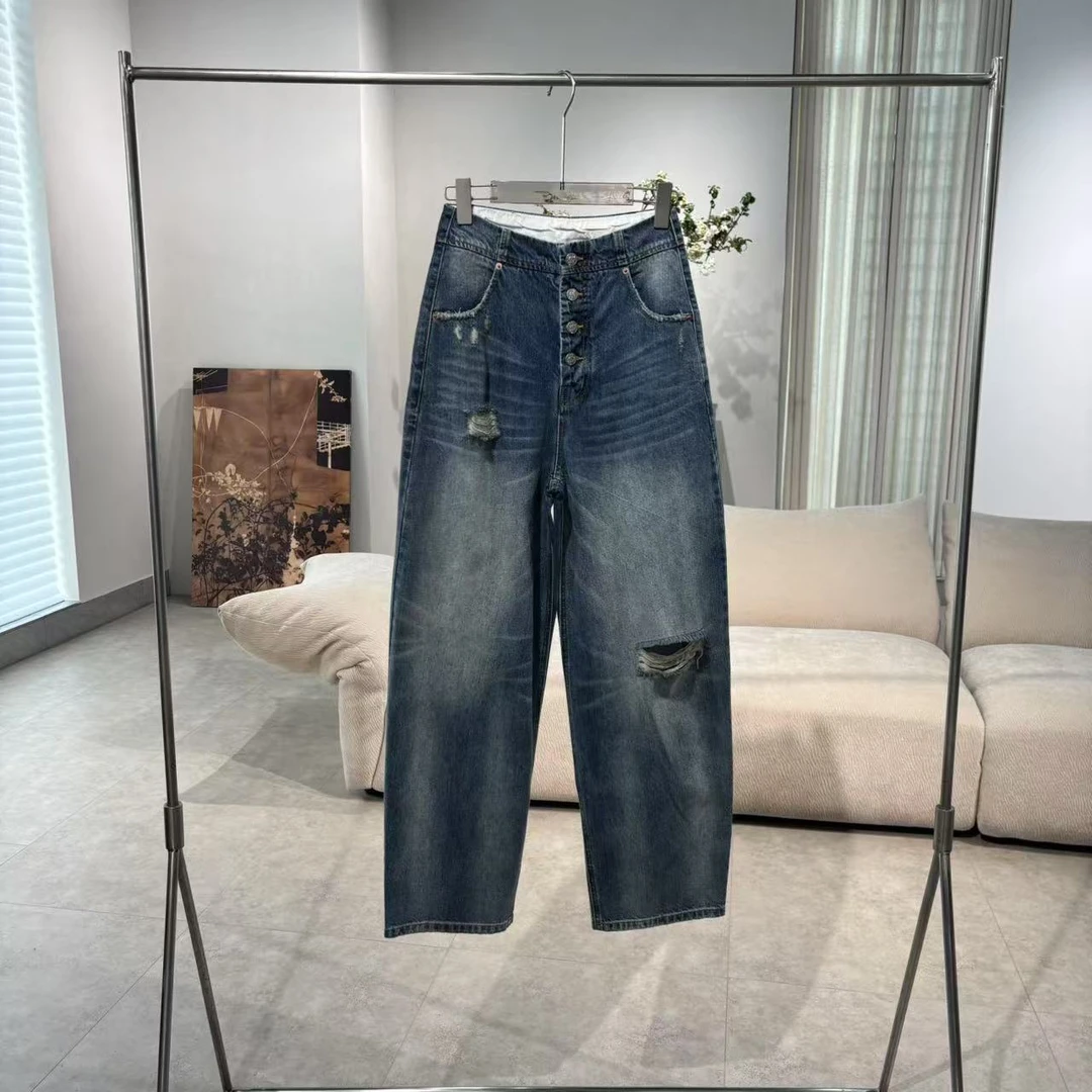 CKZ4545 比利时客人订单 破洞四粒扣牛仔裤香蕉裤