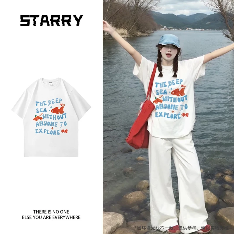 【240g 纯棉】2025夏季港风大落肩T恤男女同款红鱼字母印花透气