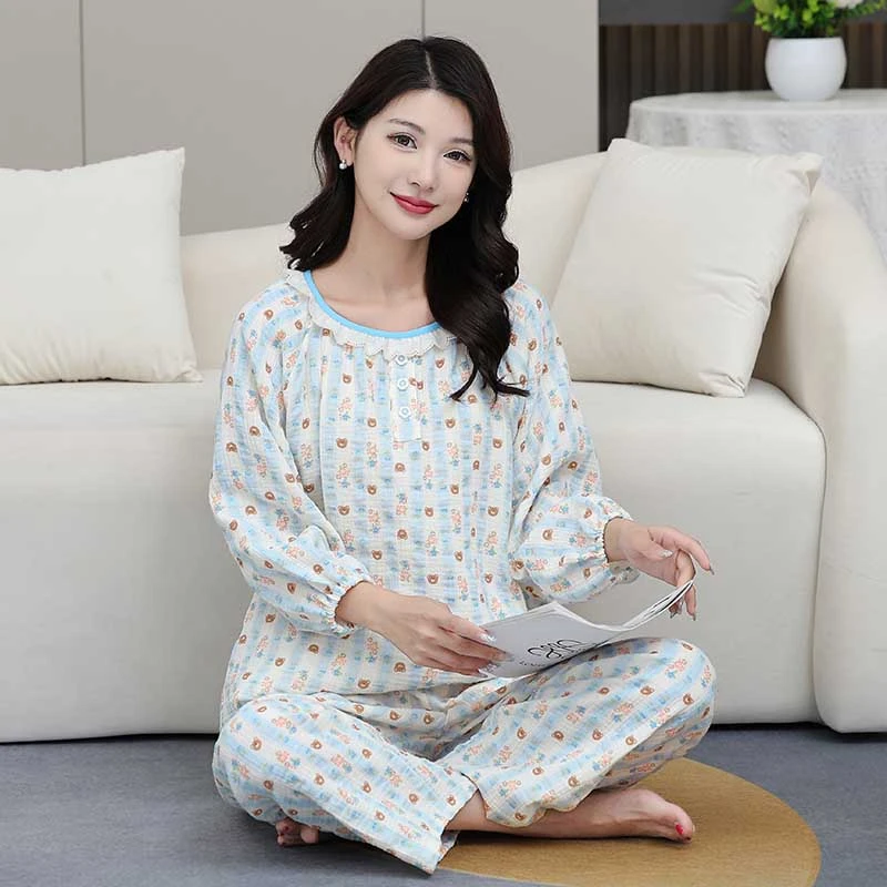 春夏女士甜美家居服纯棉套装长袖纯棉休闲夏季薄款宽松