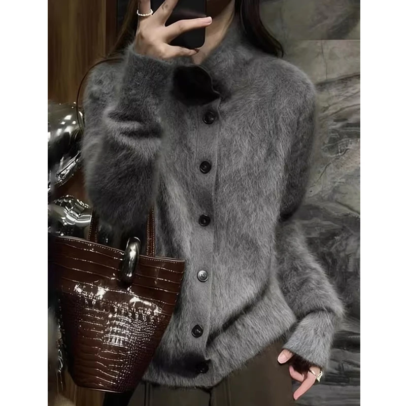 灰色时髦气质长袖针织开衫女2025秋冬季新款时尚减龄洋气软糯上衣