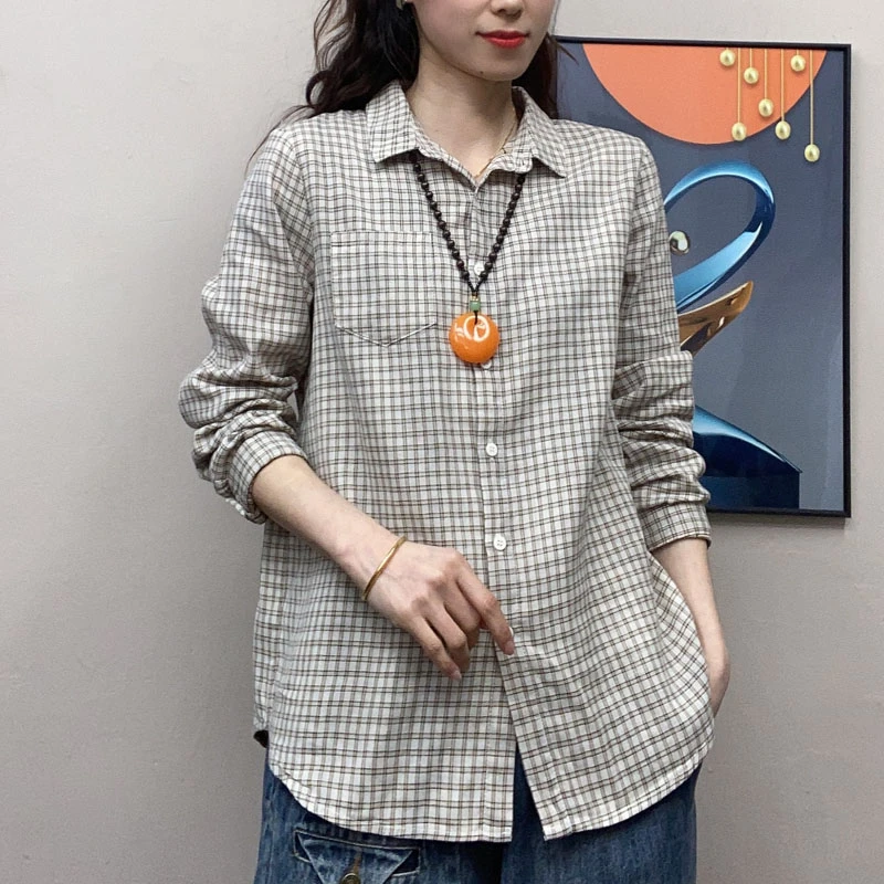 休闲宽松格子衬衫女小众设计感复古港风长袖春季衬衣