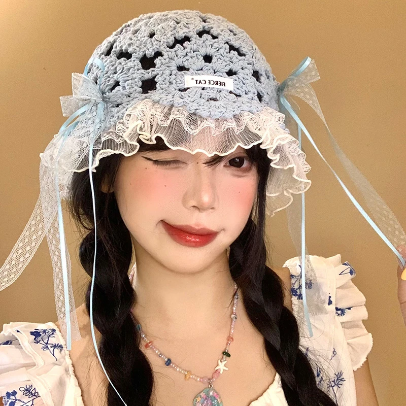 蕾丝蝴蝶结镂空包头帽女夏季薄款透气显脸小手工编织套头针织帽子