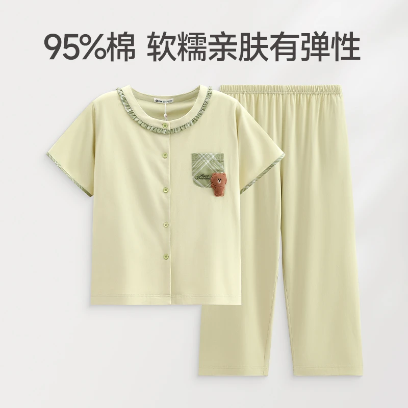 芬腾女士睡衣夏季纯棉短袖长裤薄款套装宽松休闲女款布朗熊家居服