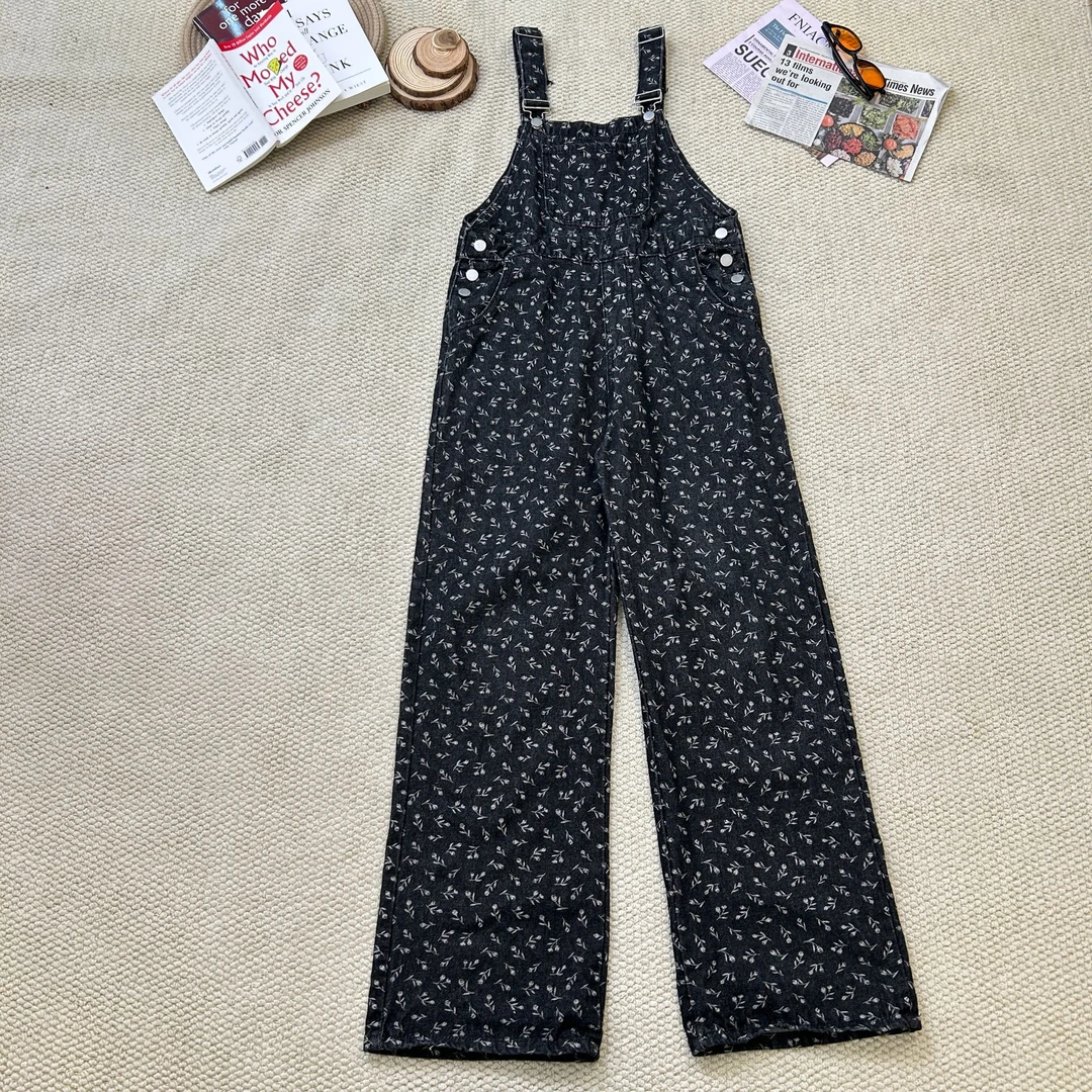 2025夏季新款宽松时尚休闲碎花背带裤牛仔长裤1815