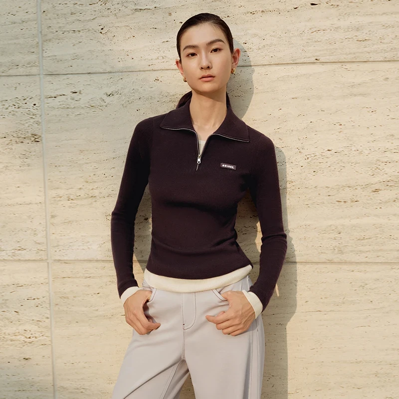 艾诺丝同款女针织假两件冬季休闲毛衣高领极简松弛百搭上衣804115