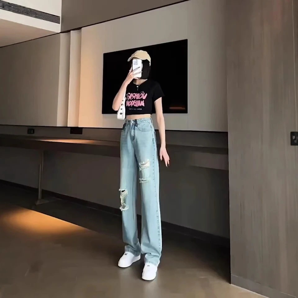 韩国直筒牛仔裤女2025年秋季新款窄版显瘦阔腿裤小个子高腰烟管裤