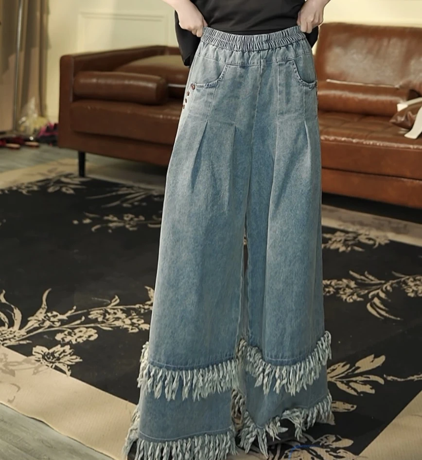 月畔湾【北秋悲】复古蓝色水洗做旧流苏毛边松紧腰薄款阔腿牛仔裤