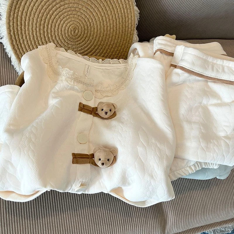 杏小熊睡衣女秋季春秋冬季空气棉加厚长袖套装少女可爱开衫家居服