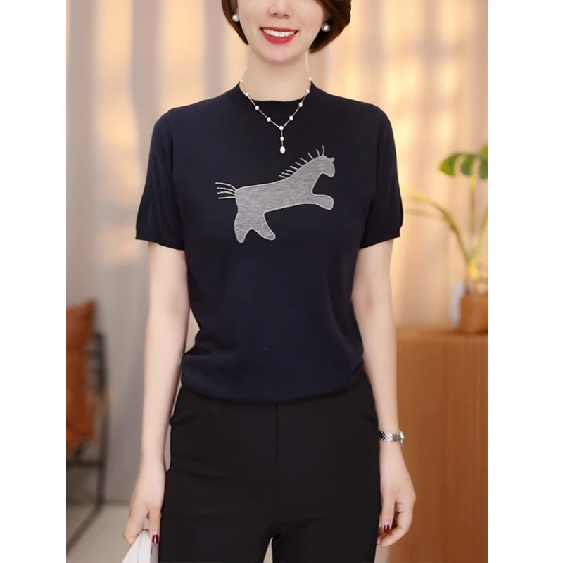 新款气质时尚简约圆领针织短袖T恤1239