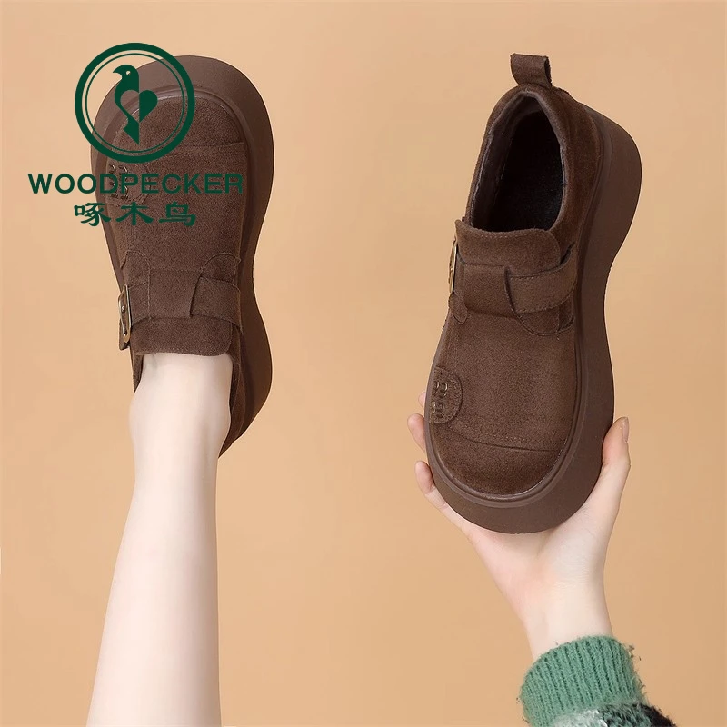 啄木鸟厚底增高乐福鞋女2025年春秋新款翻毛皮勃肯鞋显瘦百搭单鞋