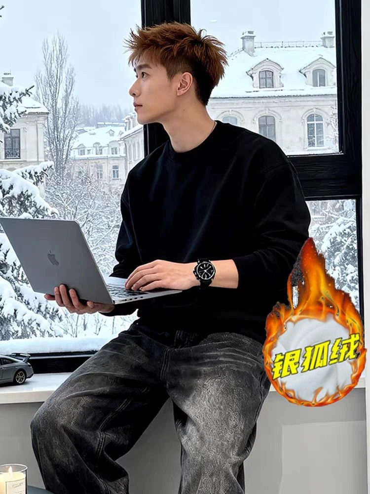 秋冬季加绒圆领纯色卫衣400g重磅新疆棉宽松套头情侣打底卫衣男女