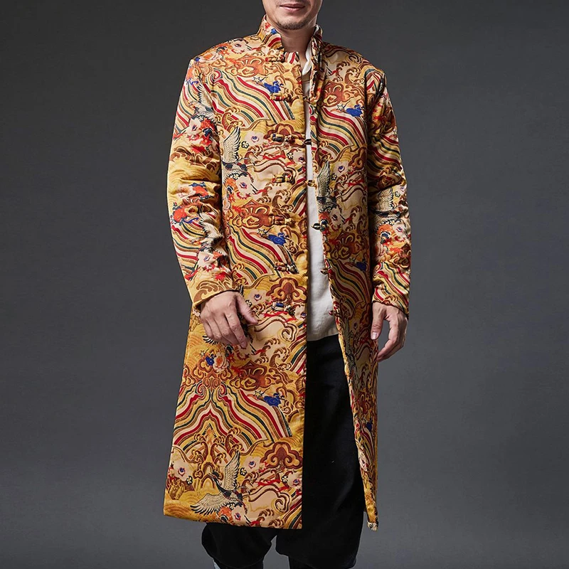 中国风仙鹤海浪棉服男冬季长款过膝加厚棉衣外套中式立领盘扣棉袄