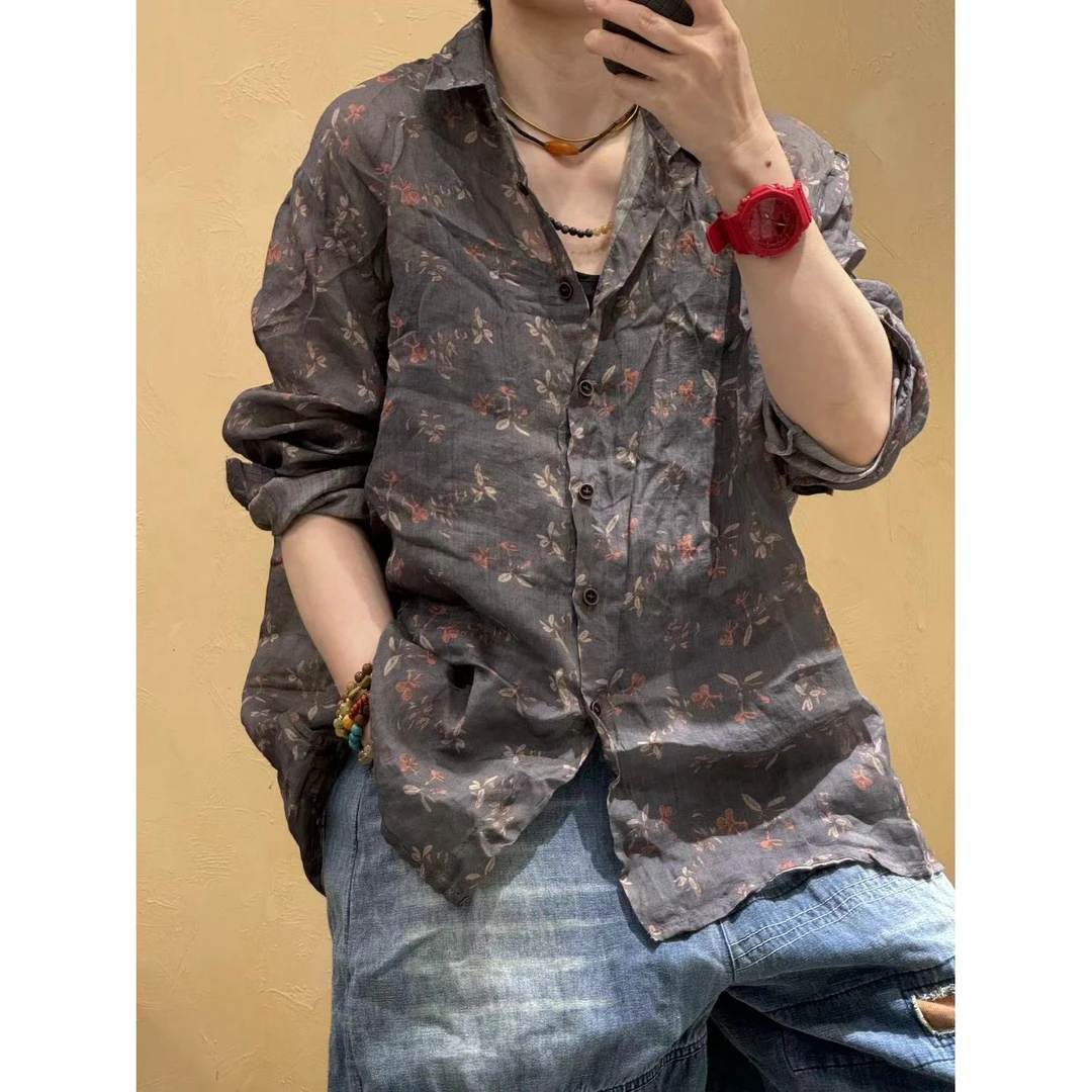 2024新款碎花上衣长袖宽松翻领女衬衣苎麻衬衫休闲文艺印花688663