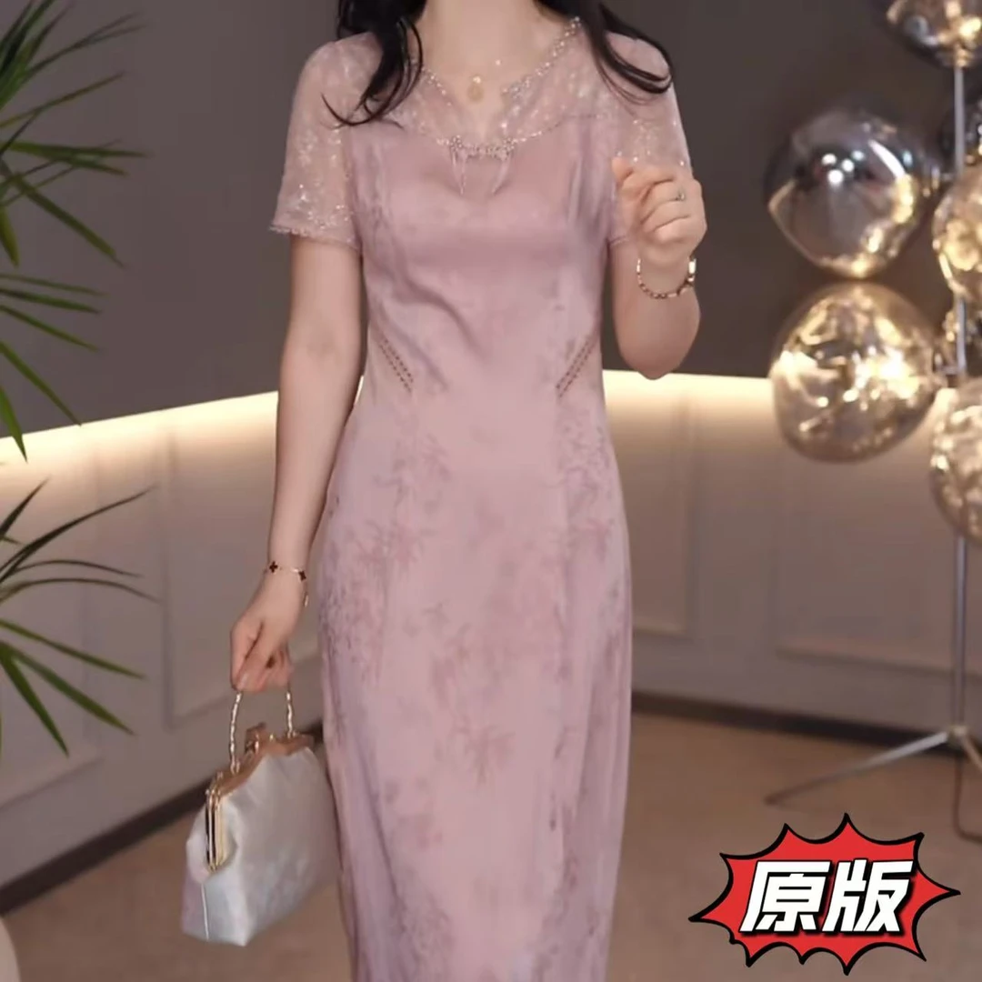 高档冰丝缎时尚女装连衣裙2025夏季新款显瘦遮肉洋气轻奢礼服裙子