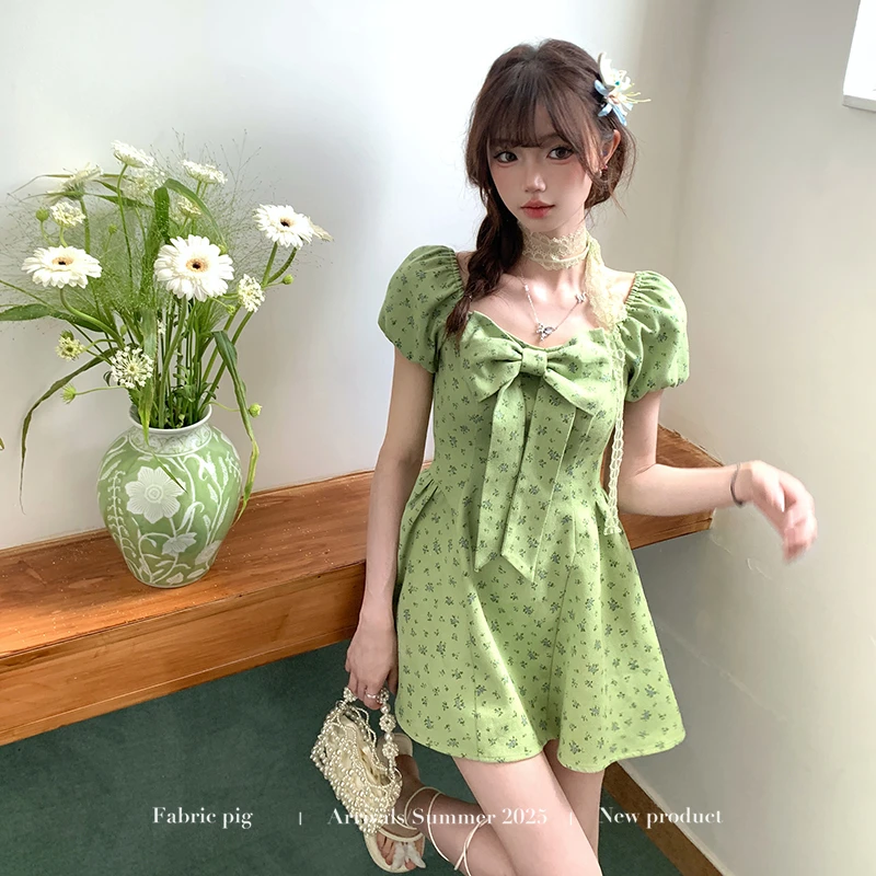莫奈花园 织物猪原创 森林系绿色泡泡袖连衣裙女夏日度假碎花短裙