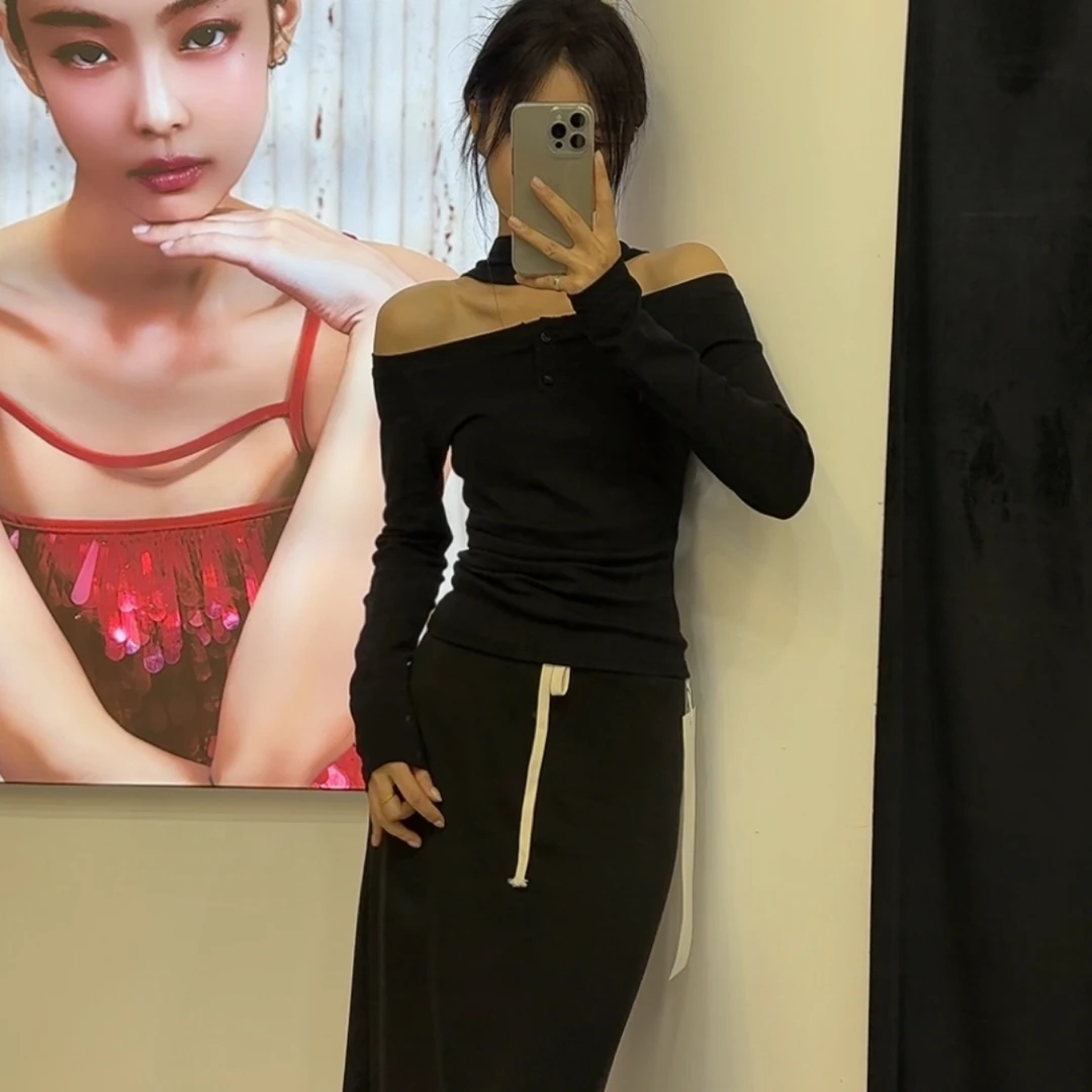 性感纯色老钱风内搭长袖极简风百搭修身型打底衫T恤，垮脖洋气上衣