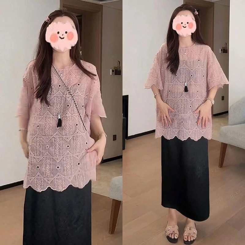 夏季新款镂空圆领减龄百搭短袖上衣套装开叉垂感半身裙洋气衣服女