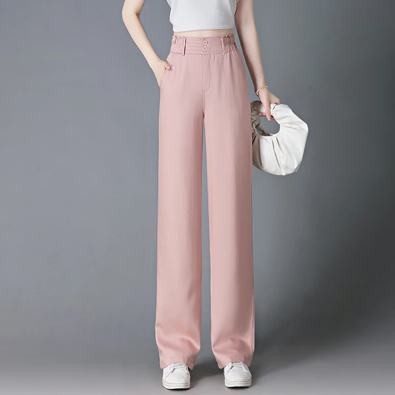 2025春夏新款冰丝窄版阔腿裤女松紧后腰宽松休闲减龄垂感直筒裤