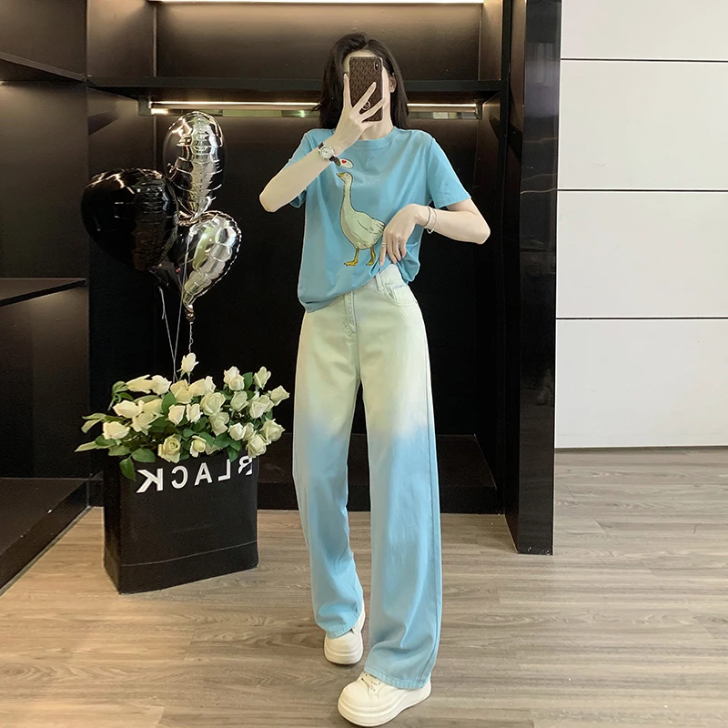 女套装夏季新款2025爆款蓝色多巴胺减龄显瘦短袖T恤渐变牛仔裤潮