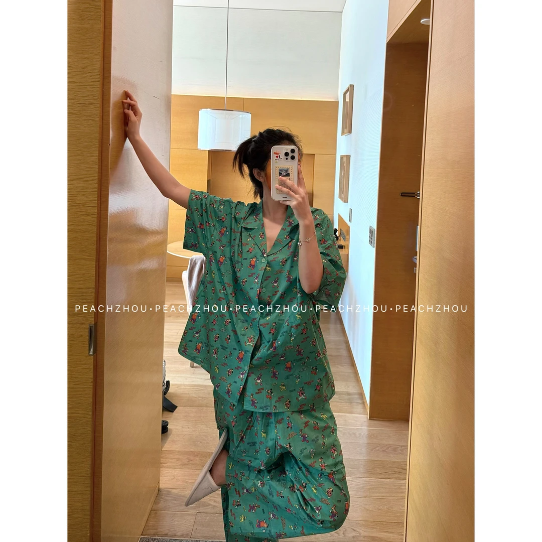 『PEACHZHOU』米鼠卡通印花宽松系扣慵懒松驰长裤睡衣家居服套装