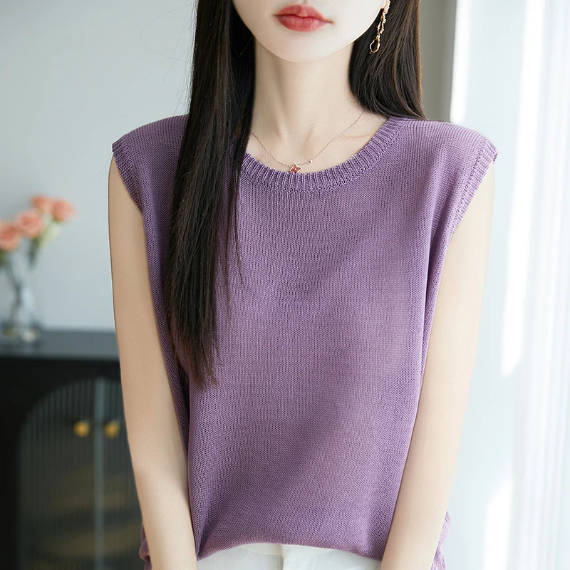 夏季新款外穿百搭薄款无袖针织T恤圆领宽松时尚洋气休闲服衣长
