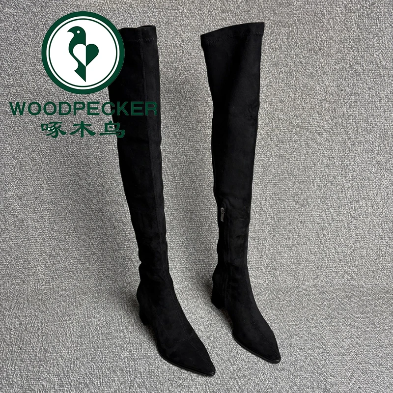 啄木鸟卡其色尖头高跟鞋2025年秋冬新款弹力瘦瘦靴瘦腿靴子过膝靴