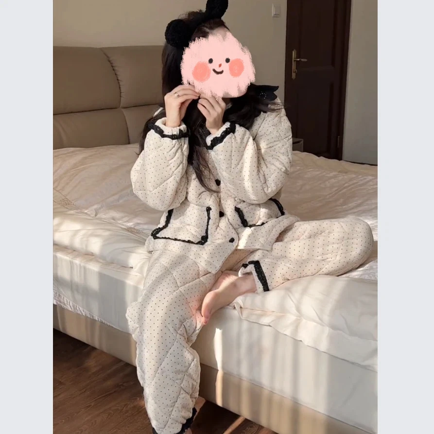 法式波点三层夹棉睡衣女长袖加绒加厚冬季韩版甜美女士家居服套装