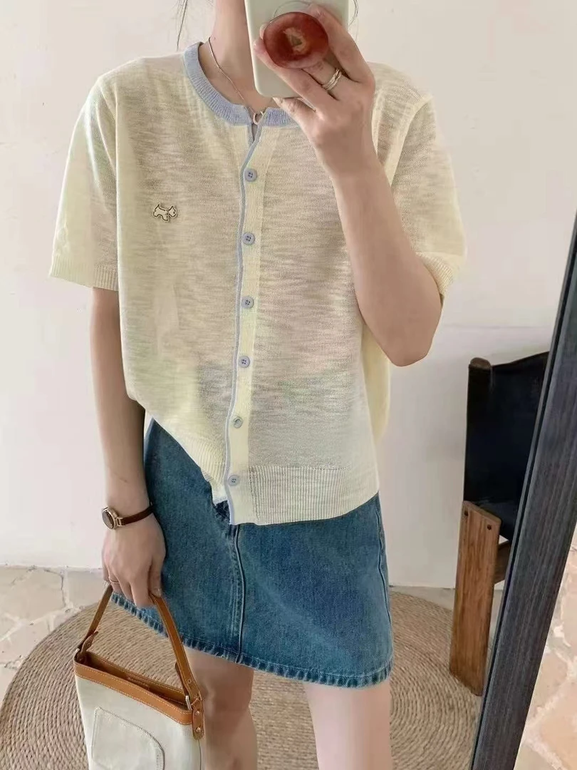薄款夏季短袖宽松型纯色毛针织衫上衣宽松毛衣百搭时尚气质
