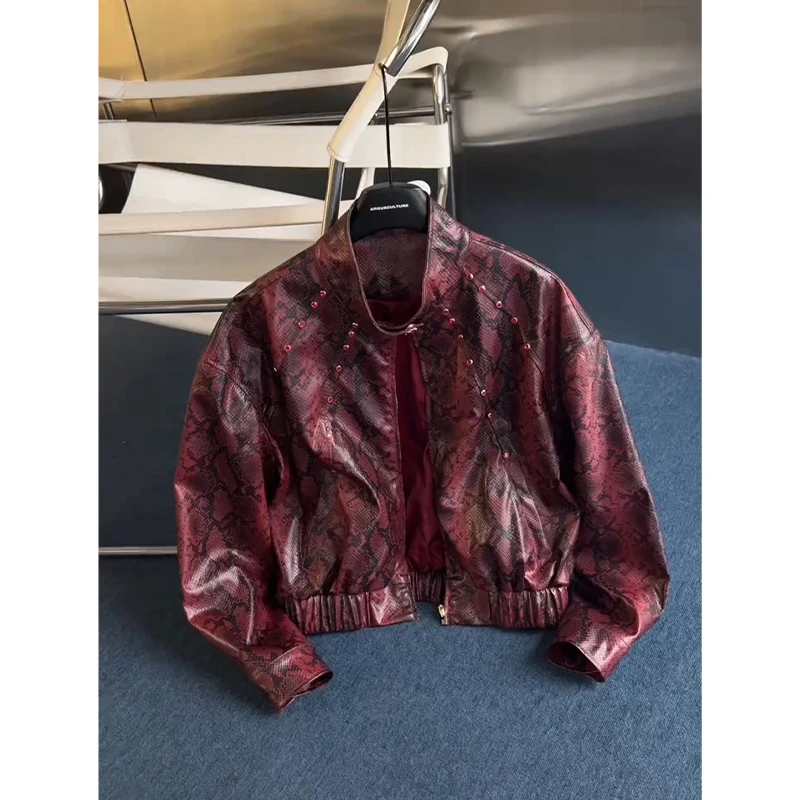 小众设计感【蛇年限定】蟒蛇纹理感皮衣男宝石点缀立领短款夹克外套