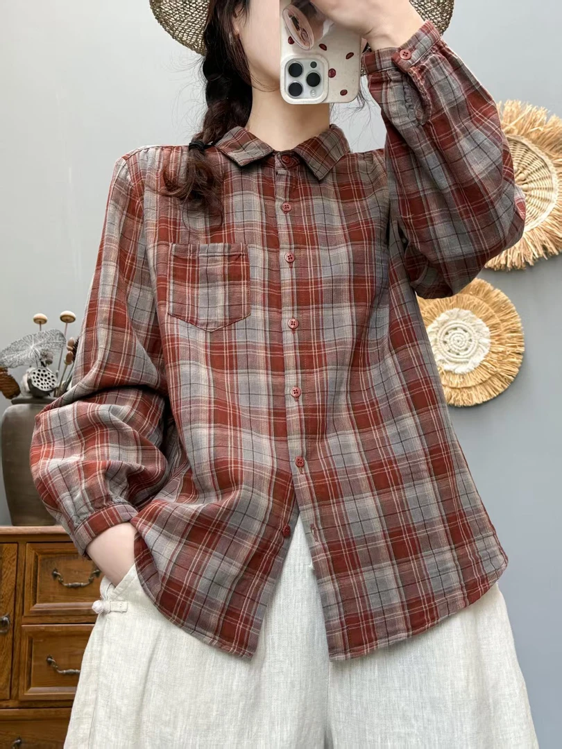 复古休闲格子衬衫小众上衣女长袖高端新款新外穿打底衬衣宽松春秋