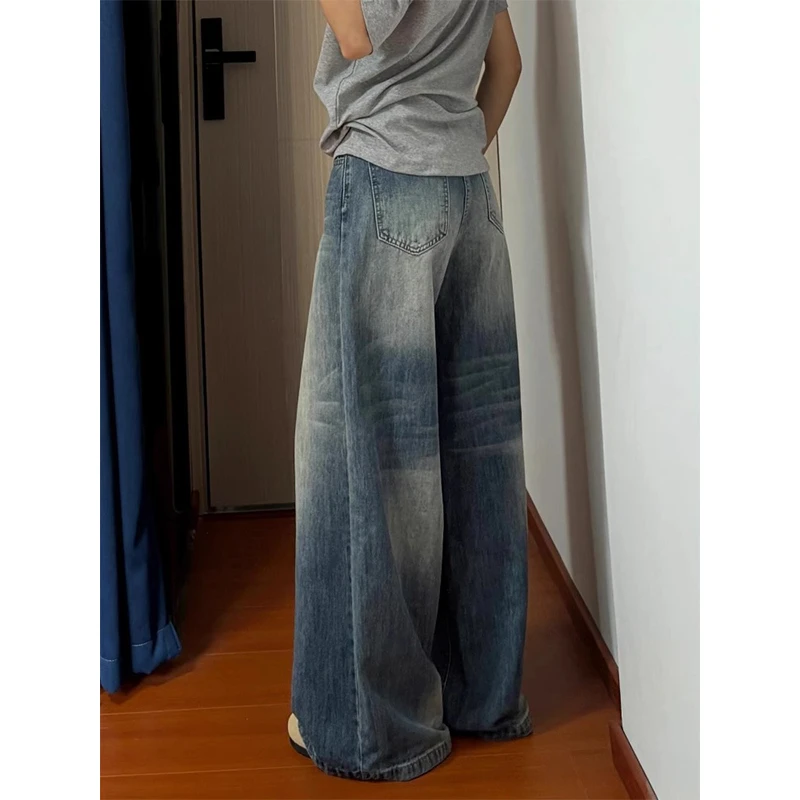 美式复古水洗做旧阔腿牛仔裤女夏季新款高腰宽松显瘦垂感拖地长裤