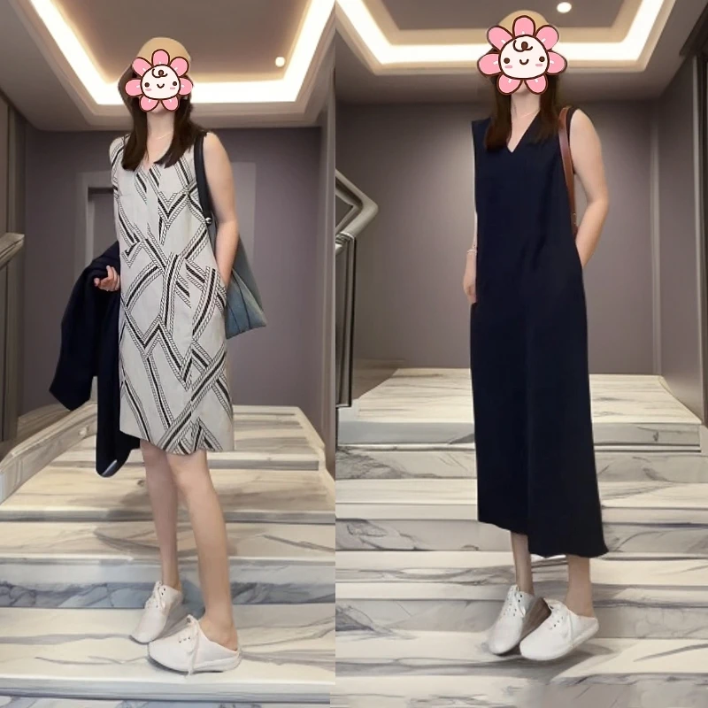 高级感简约印花连衣裙女2025夏季新款洋气V领无袖中长款百搭裙子
