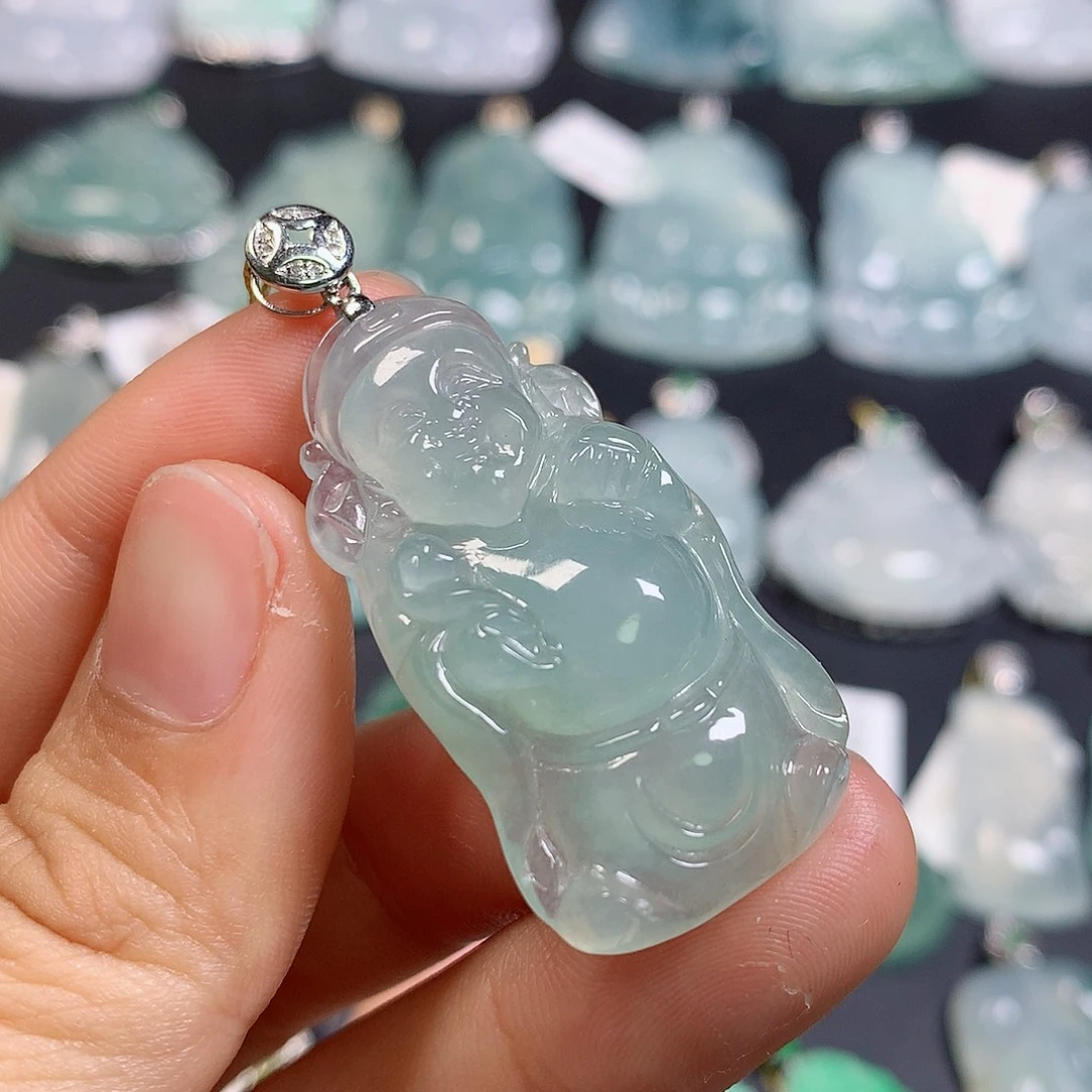 翡翠18K金镶嵌颈饰天然缅甸a货翡翠财爷爷